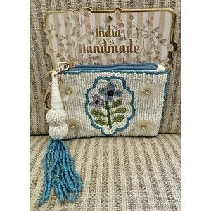 Made in India Handmade Beaded Floral Tassel Pouch Wallet White Blue Green Purple